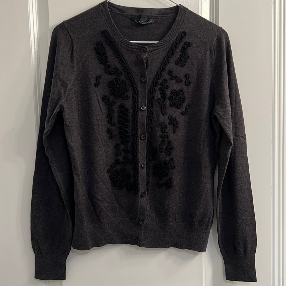 Banana Republic Charcoal Gray Silk Blend Cardigan with Black Appliqués L